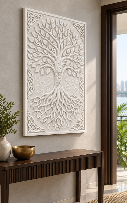 Rooted Tree Knotwork Corian wall panel, left view in a Powai entrance foyer, with shallow satin white relief