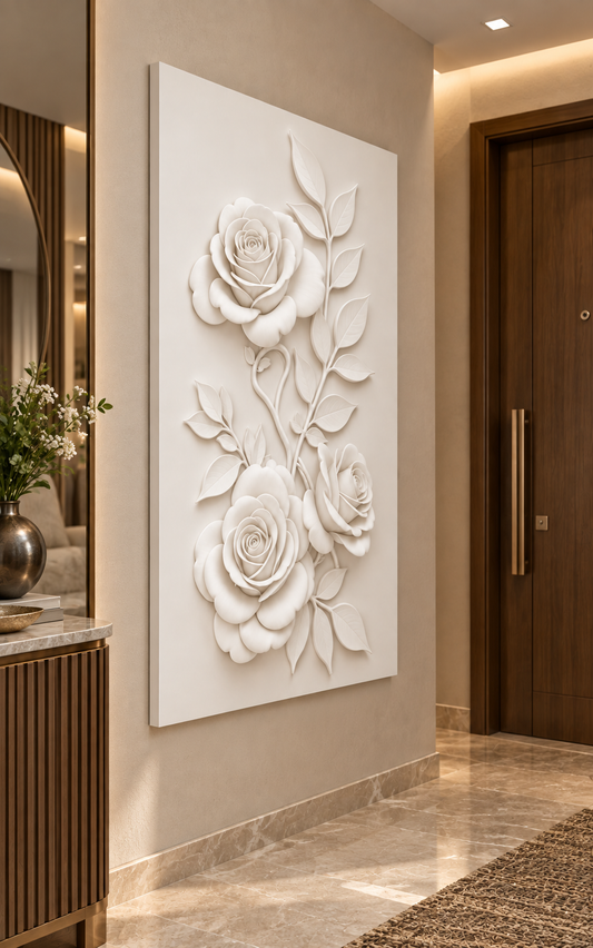 Rose Trio Climbing Vine Corian wall panel, left view in a Juhu entrance foyer