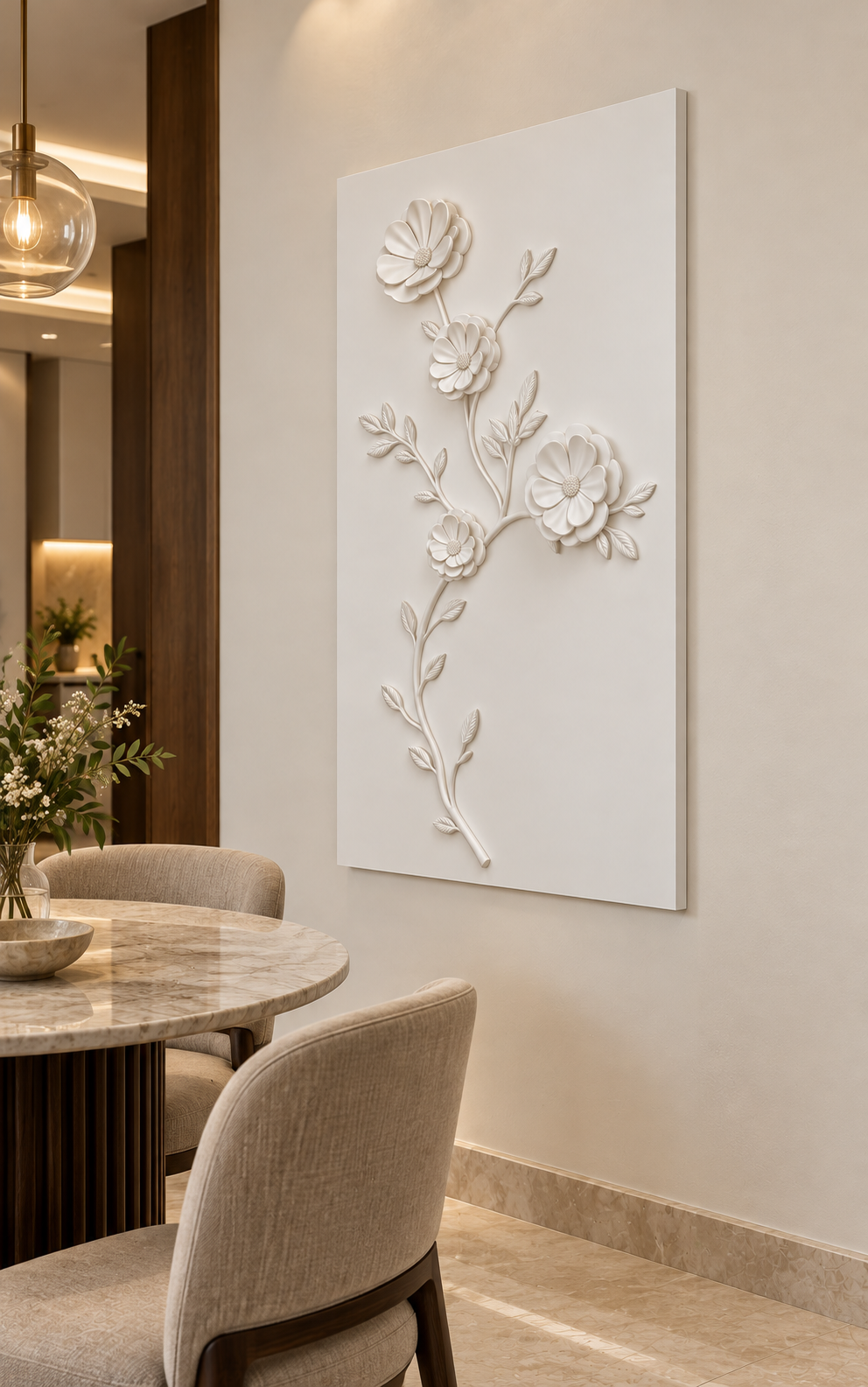 CWP-661 Rounded Blossom Branch Corian Wall Panel, 2.5 ft wide x 4 ft high, right view in a Mumbai dining area; AI-assisted concept visualisation