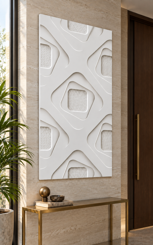 Rounded Diamond Recess Corian wall panel, left view in a Mumbai contemporary entrance foyer; AI-assisted concept visualisation