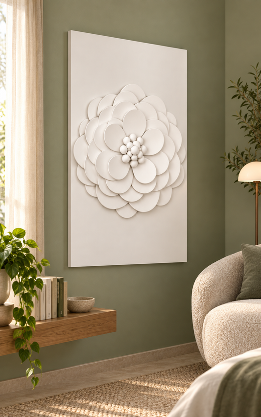 Rounded Petal Rosette Corian wall panel, left view in a Chembur apartment bedroom reading corner