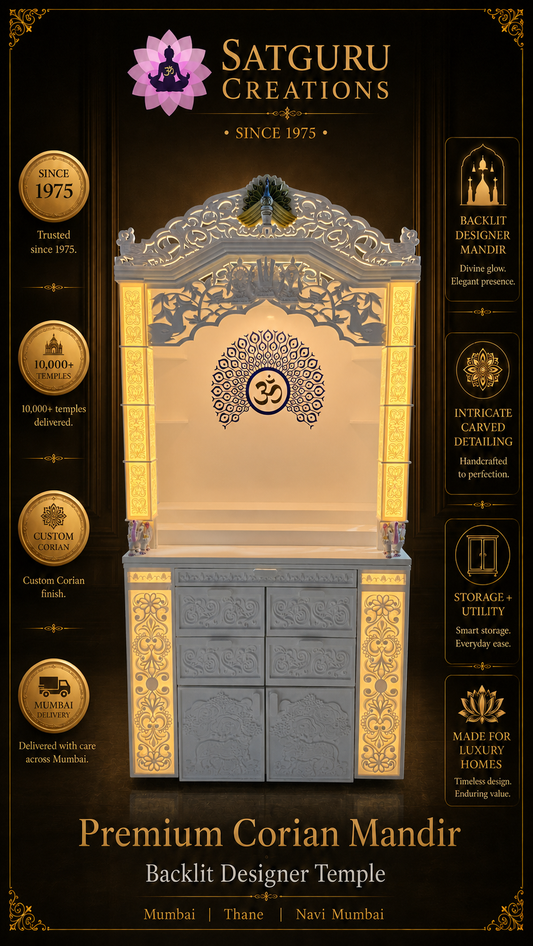 Satguru Creations premium Corian mandir feature view with intricate carving, backlit pillars and storage cabinet
