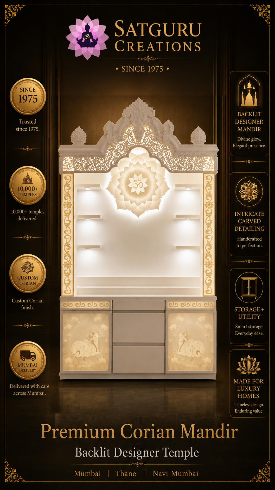 Traditional Corian Mandir with cow-and-lotus carving — Satguru Creations daily post