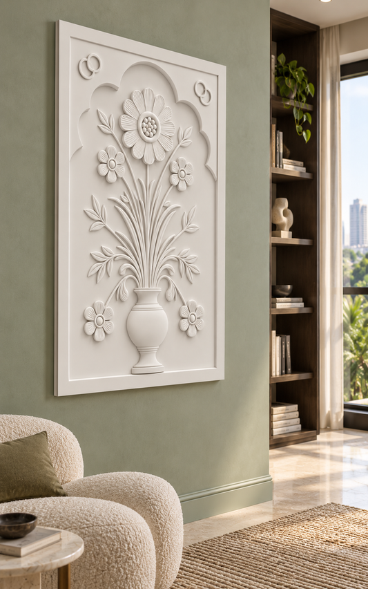 Scalloped Daisy Urn Garden Corian wall panel, left angle beside a Mumbai reading corner; AI-assisted concept visualisation