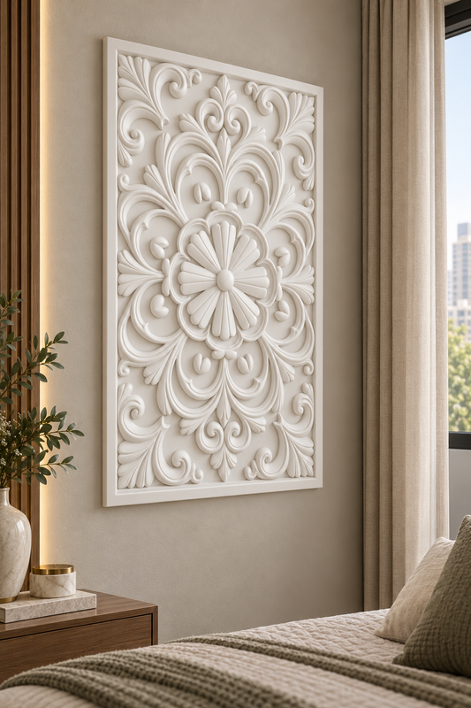 Scalloped Fan Bloom Corian wall panel, left view on a bedroom reading wall in a Mumbai home; AI-assisted concept visualisation