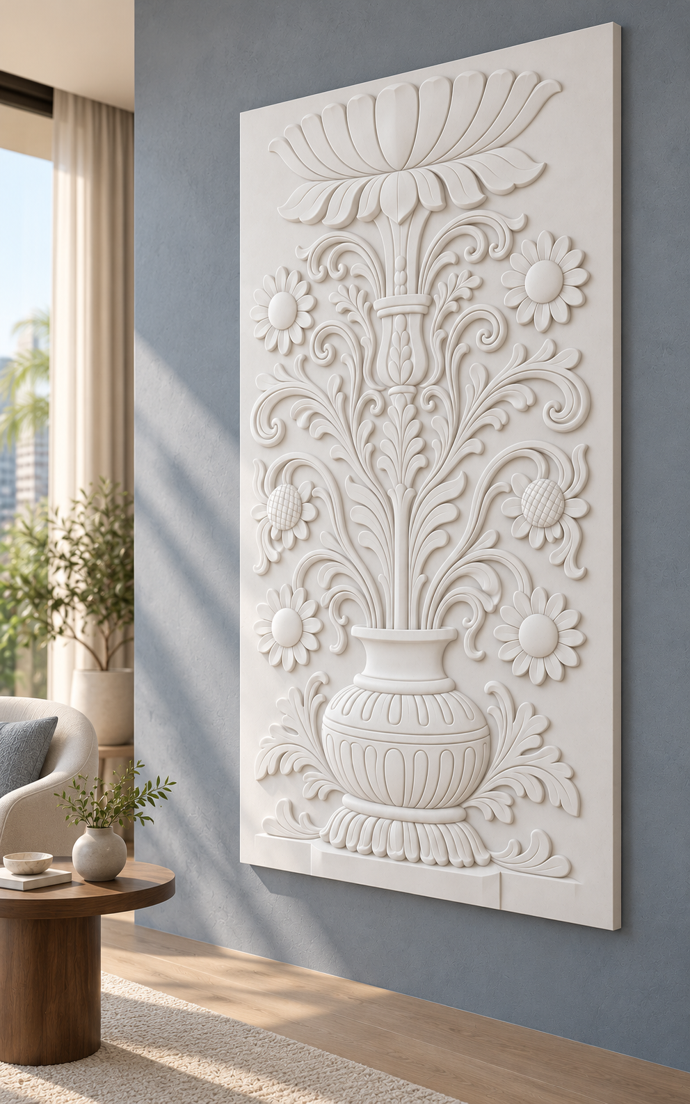 Right-angle view of the white Scalloped Floral Urn Corian Wall Panel in a Mumbai blue-grey living room reading corner