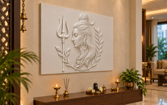 CWP-659 Shiva Crescent Leaf Wreath Corian Wall Panel, 4 ft wide x 2.5 ft high, left view in a Mumbai living room prayer niche; AI-assisted concept visualisation