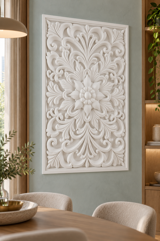 Star Bloom Acanthus Crest Corian wall panel, left view on a dining room alcove in a Mumbai home; AI-assisted concept visualisation