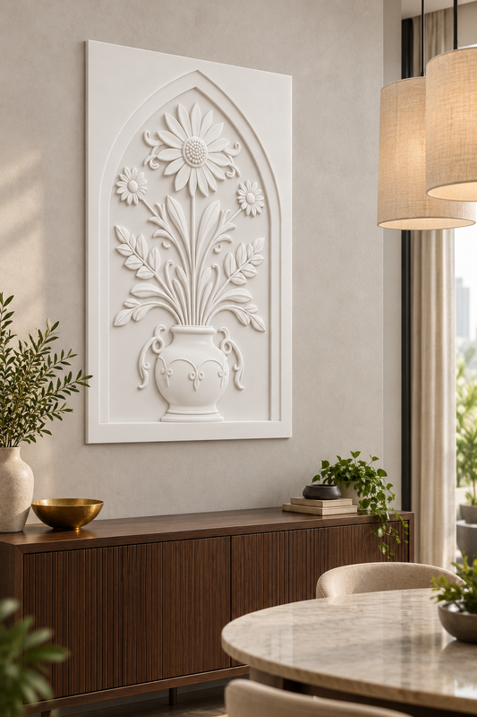 Star Daisy Blade Leaf Urn Corian wall panel, left view in a Mumbai dining nook with a dark walnut sideboard, oval table and linen pendants; AI-assisted concept visualisation