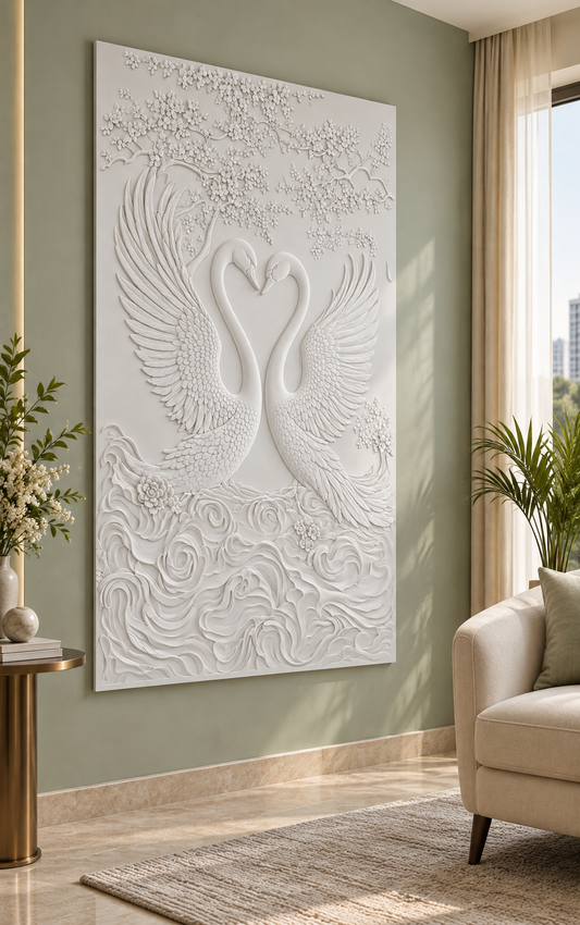 CWP-655 Swan Heart Garden Corian Wall Panel, 2.5 ft wide x 4 ft high, left view in a Mumbai reading corner; AI-assisted concept visualisation