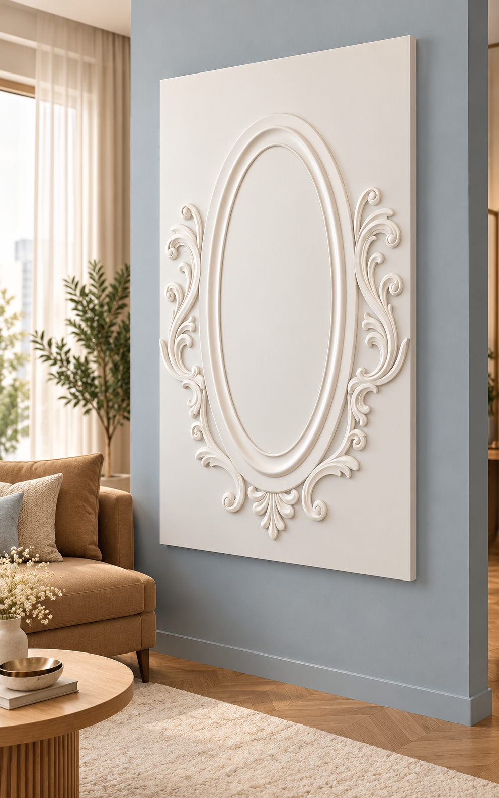 Right-angle view of the white Sweeping Oval Scroll Corian Wall Panel with a solid inset centre in a compact luxury Mumbai apartment living room