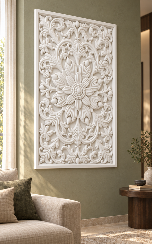 Teardrop Bud Floral Crown Corian wall panel, left view on a classic living room accent wall in a Mumbai home; AI-assisted concept visualisation