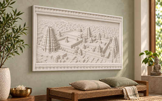 Temple Courtyard Panorama Corian wall panel, 4 x 2.5 ft, left view in a meditation alcove