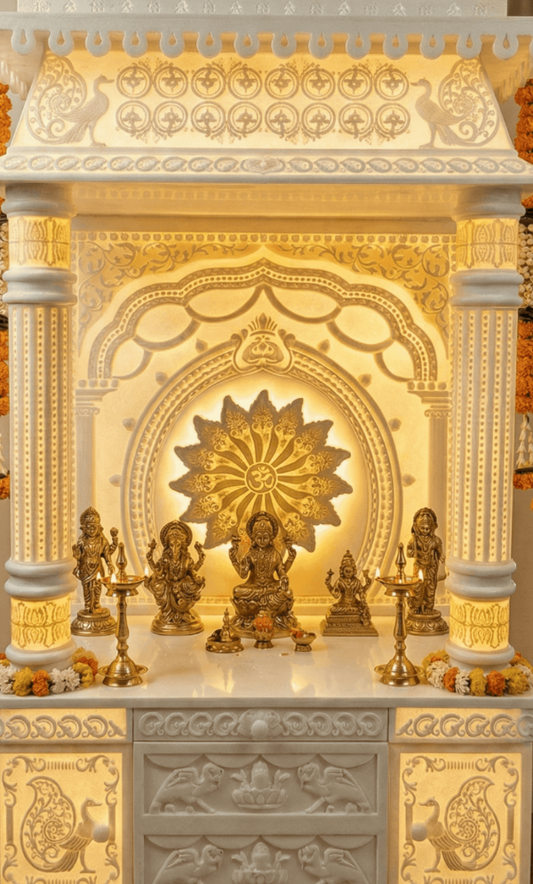 Premium Large Corian Temple 3D Backlit Pillars and 3D Dome - Premium Corian Mandir - Solid Surface Temple - Satguru Creations