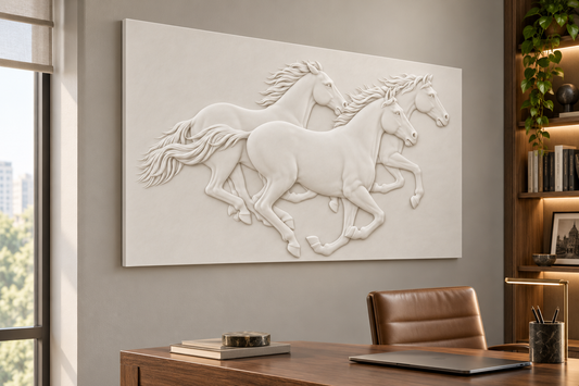 CWP-648 Three Horse Gallop Corian Wall Panel, 4 ft wide x 2.5 ft high, left view in a Mumbai study; AI-assisted concept visualisation