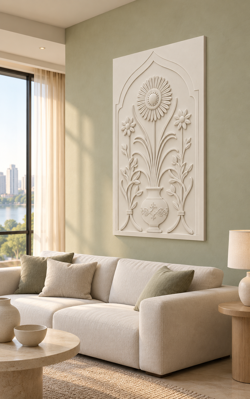 Tied Leaf Sprays Floral Urn Corian wall panel, right view in a Mumbai living room with a low ivory sofa, pale oak side table and soft window light; AI-assisted concept visualisation
