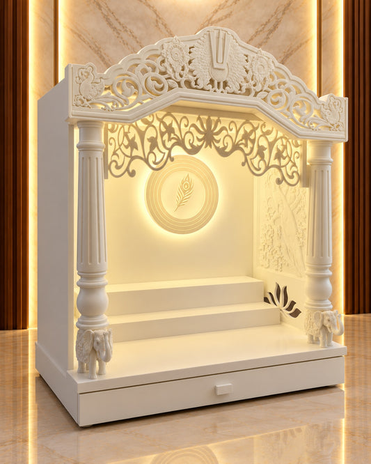 Front-left view of the traditional Corian mandir, with a plain outer side, inner peacock relief, round pillars and stepped altar. Reference-guided styled visualization.