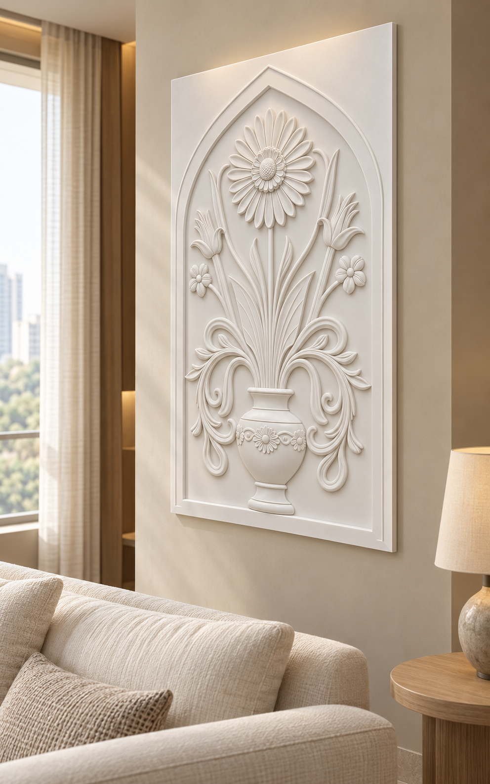 Trumpet Blossom Garland Urn Corian wall panel, right view in a Mumbai living room with a low ivory sofa, pale oak side table and soft window light; AI-assisted concept visualisation