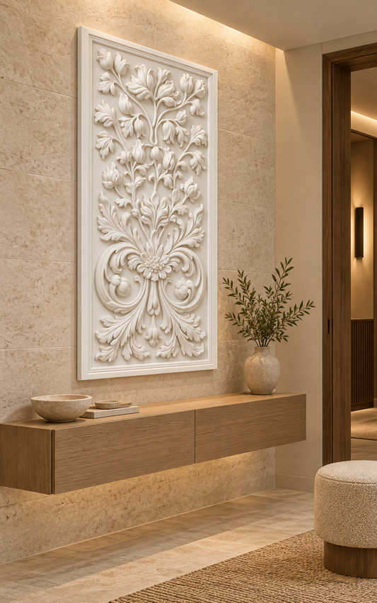 Tulip Acanthus Crest Corian Wall Panel, left view in a Bandra entry vestibule, showing the complete shallow relief.