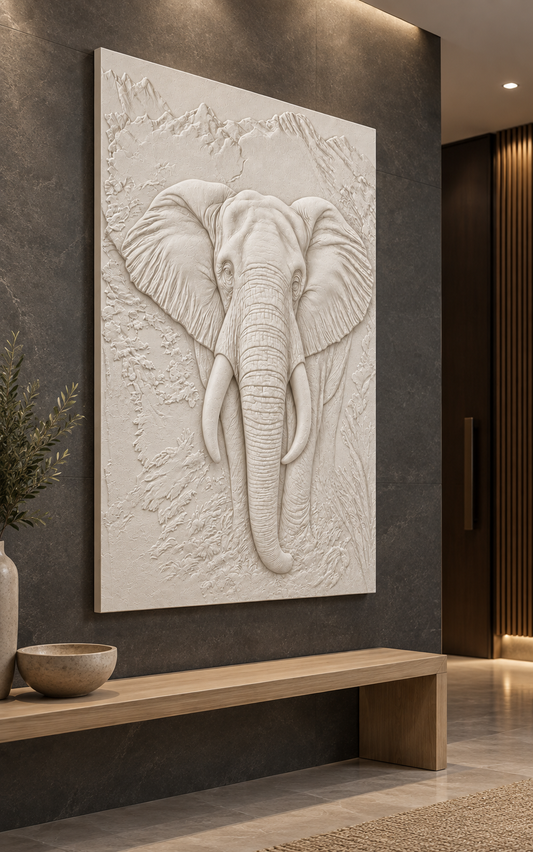 Tusker Textured Portrait Corian wall panel, 2.5 x 4 ft, left view in an entrance foyer
