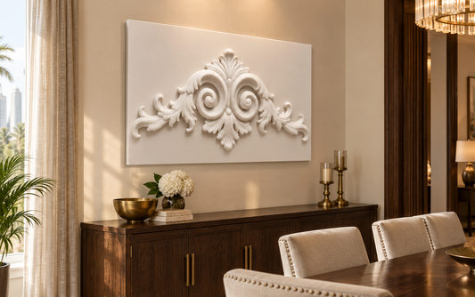 Twin Scroll Acanthus Crest Corian Wall Panel CWP-437, left view in a luxury Mumbai classic dining room; white Corian relief concept visualisation