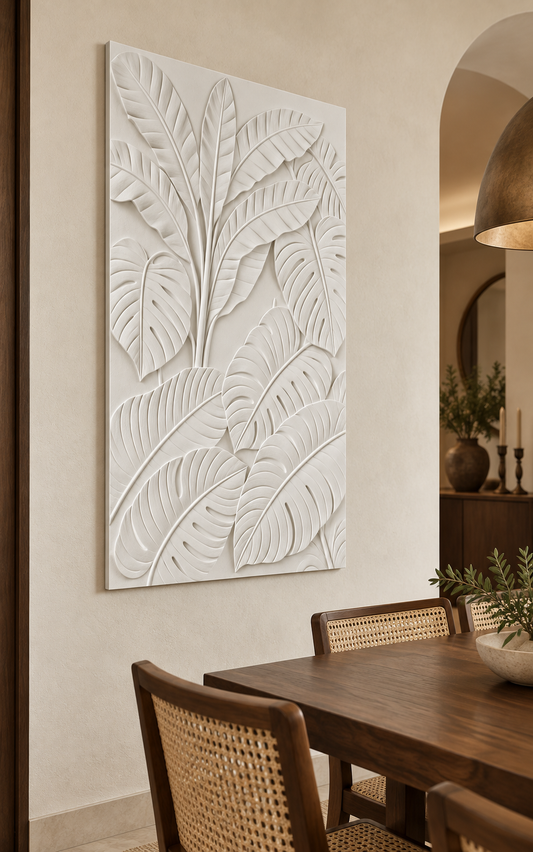 Upright Canopy Leaf Weave Corian wall panel, left view in a Bandra dining space