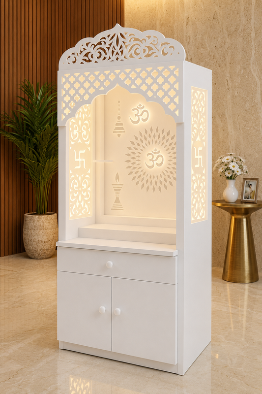 White Corian home temple with arched lattice, illuminated side jalis and three-step altar
