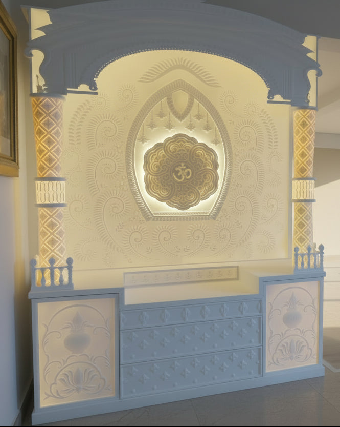 Premium 3D Corian Mandir with carved tapered pillars and backlit Om mandala — Satguru Creations Mumbai pricing reference