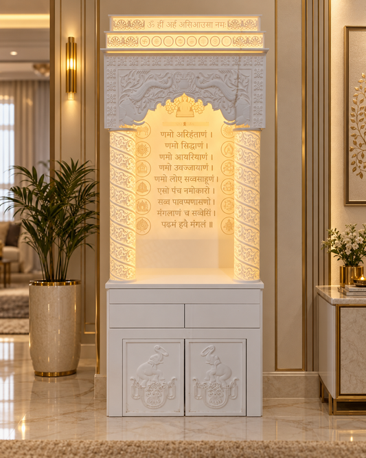 Jain Corian mandir with Navkar Mantra artwork in a styled home setting