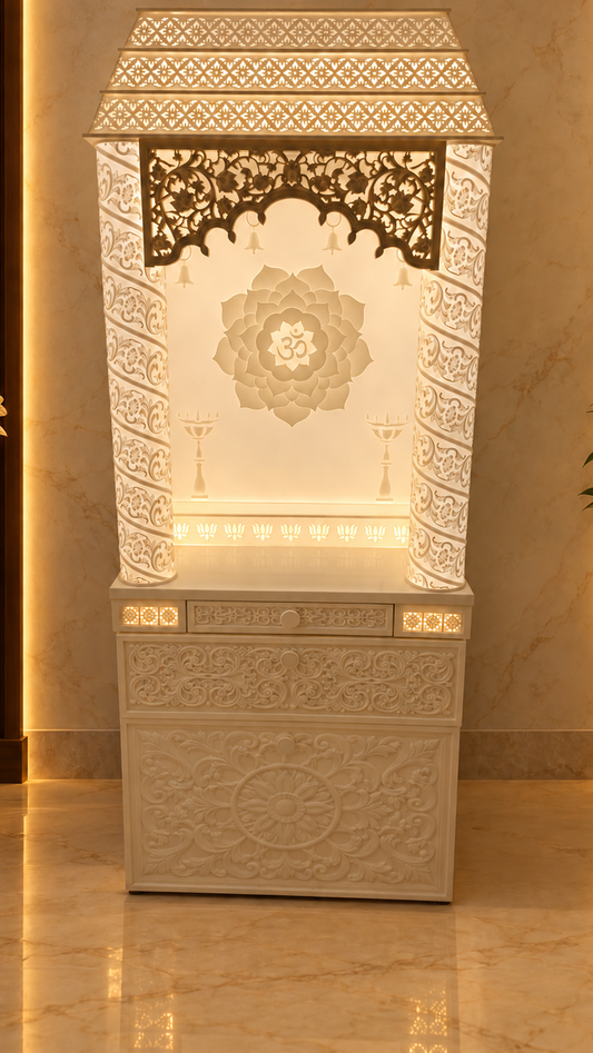 2.5 ft x 7 ft Corian marble mandir front view with gopuram and lotus Om mandala