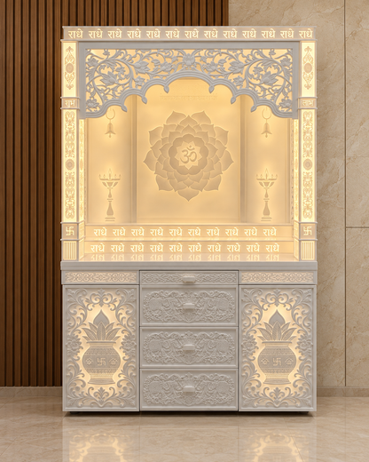 Front presentation of the 5 ft x 9 ft Korean marble mandir with lotus Om and carved storage, digitally enhanced in a styled room
