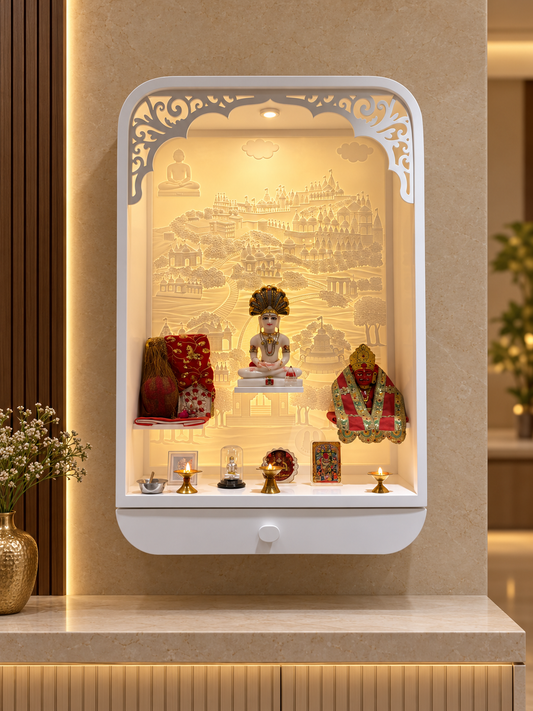 Compact Jain Corian mandir with illuminated 3D Shatrunjay path backdrop, digitally styled straight-on visualisation