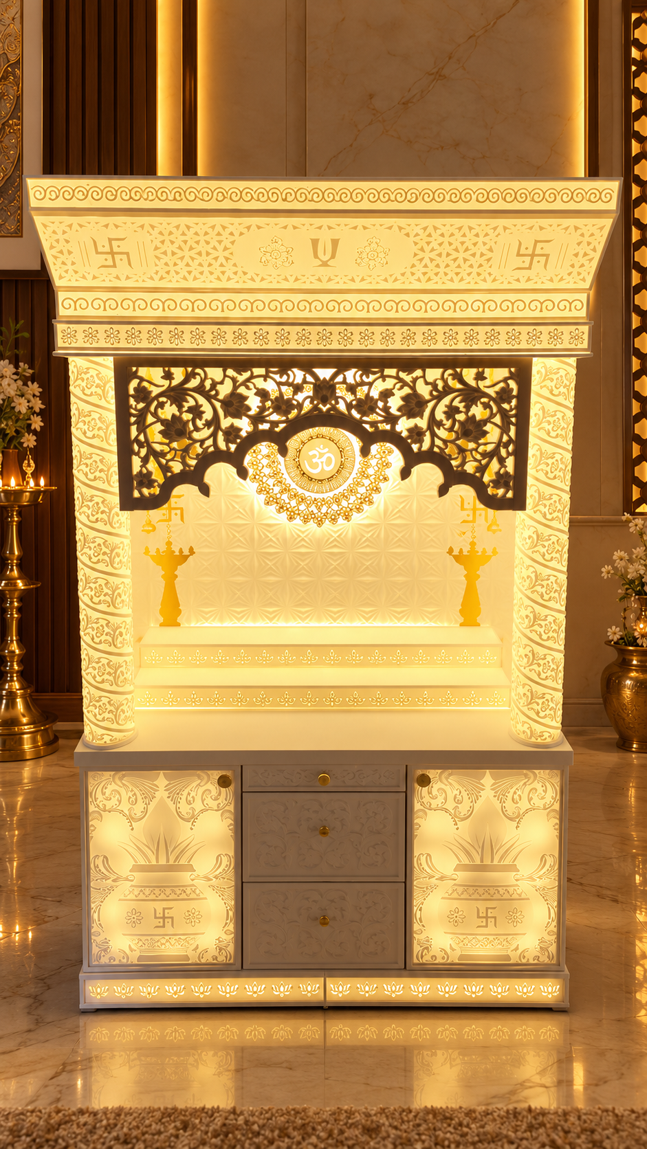 Grand backlit home mandir front view with floral jali and kalash storage