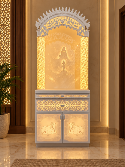 Front view of 3D Harihar Corian mandir with half round arch, illuminated round pillars and backlit storage