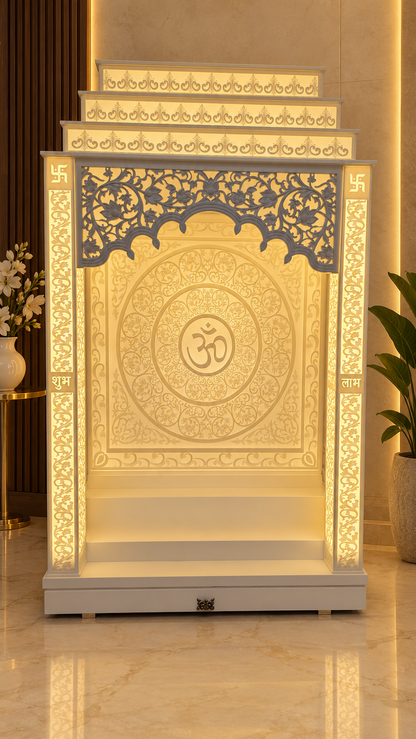 Illuminated 3D Corian mandir front view with Om mandala and floral jali arch