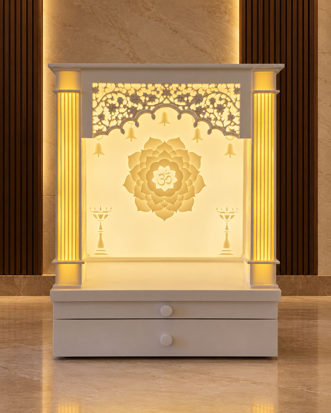 Compact custom Corian mandir with illuminated fluted pillars, floral jali and backlit lotus Om in a digitally styled luxury interior