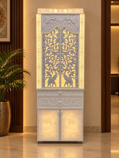 Front view of 3D backlit Corian mandir with paired leafy doors, elephant details, drawer and lower storage