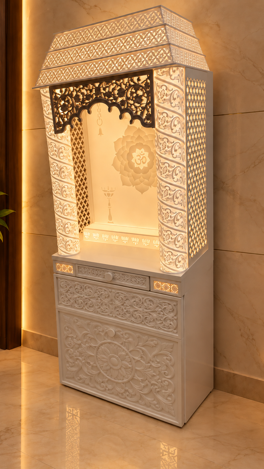 Corian marble mandir angle view with illuminated gopuram side jali and storage
