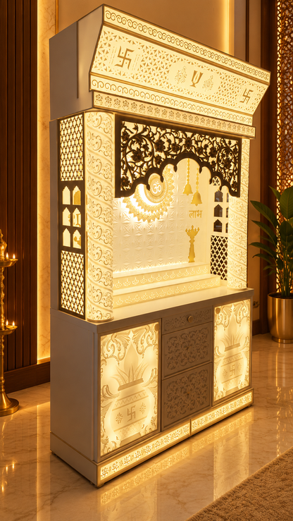 Grand backlit home mandir side view with illuminated crown and jali panels