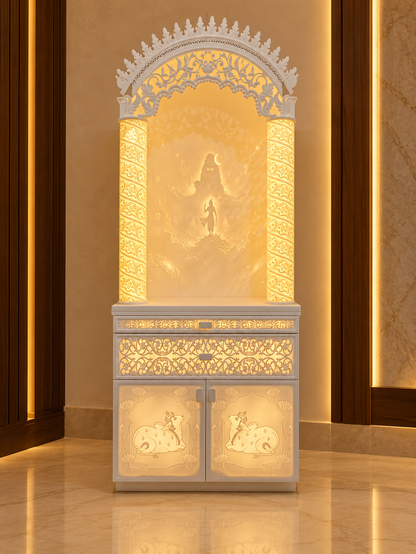 Alternate front view of half round Corian mandir with backlit Lord Shiva artwork and illuminated lower cabinet