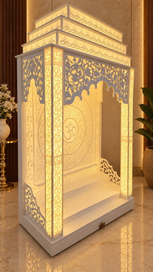 3D Corian mandir angle view with illuminated pillars crown and side jali