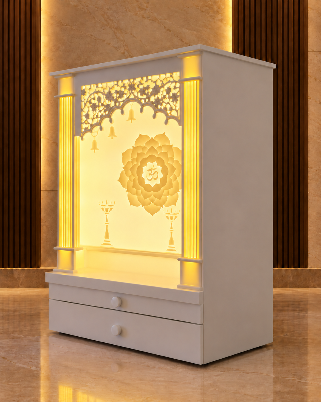 Compact custom Corian mandir in a digitally generated luxury right-side view showing two full-height illuminated front pillars and a plain side panel