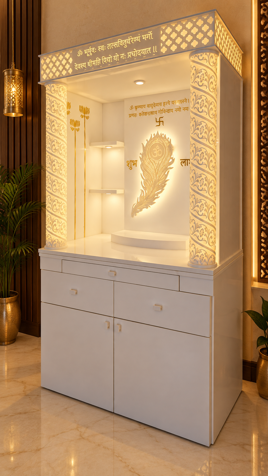 Modern Korean stone mandir three quarter view with carved round pillars and gold lotus details