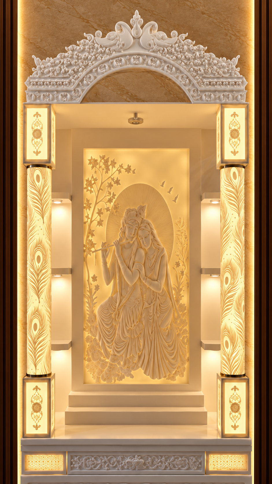 Digitally styled upper detail of Radha Krishna 3D panel Corian mandir showing the ornate crown and two illuminated carved pillars