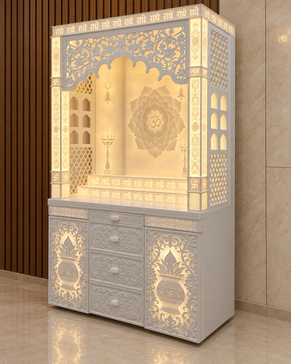 Right front presentation of the Korean marble mandir showing side jali and arched openings, digitally enhanced from the supplied angle