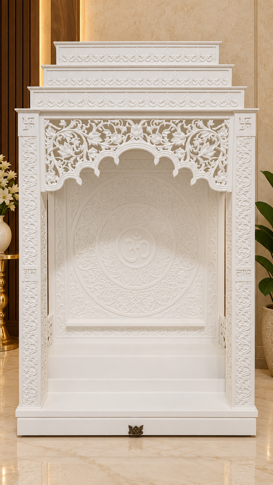 3D Corian mandir unlit front view showing white floral carvings and Om mandala