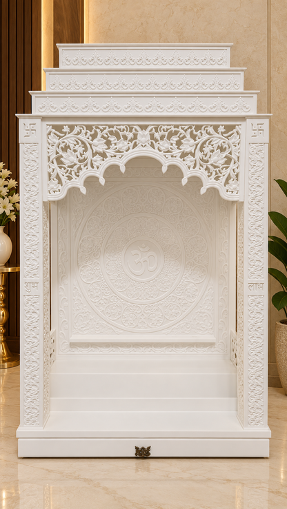 3D Corian mandir unlit front view showing white floral carvings and Om mandala