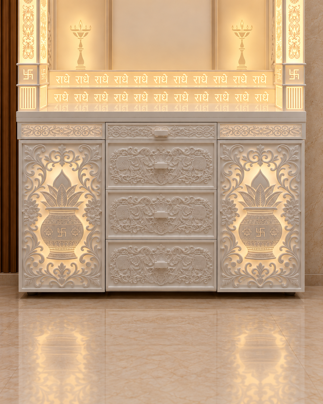 Close detail of kalash cabinet doors, central drawers and Radhe altar steps, digitally enhanced from the original mandir photographs