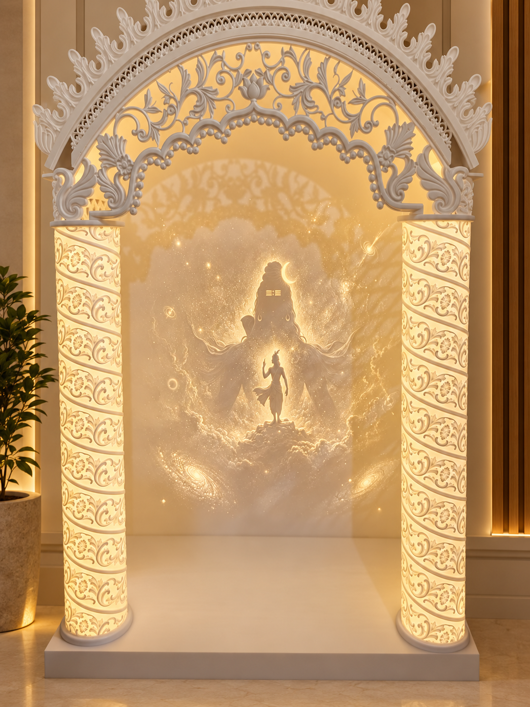 Detail view of 3D Harihar artwork featuring Lord Shiva and Lord Vishnu on the Corian mandir