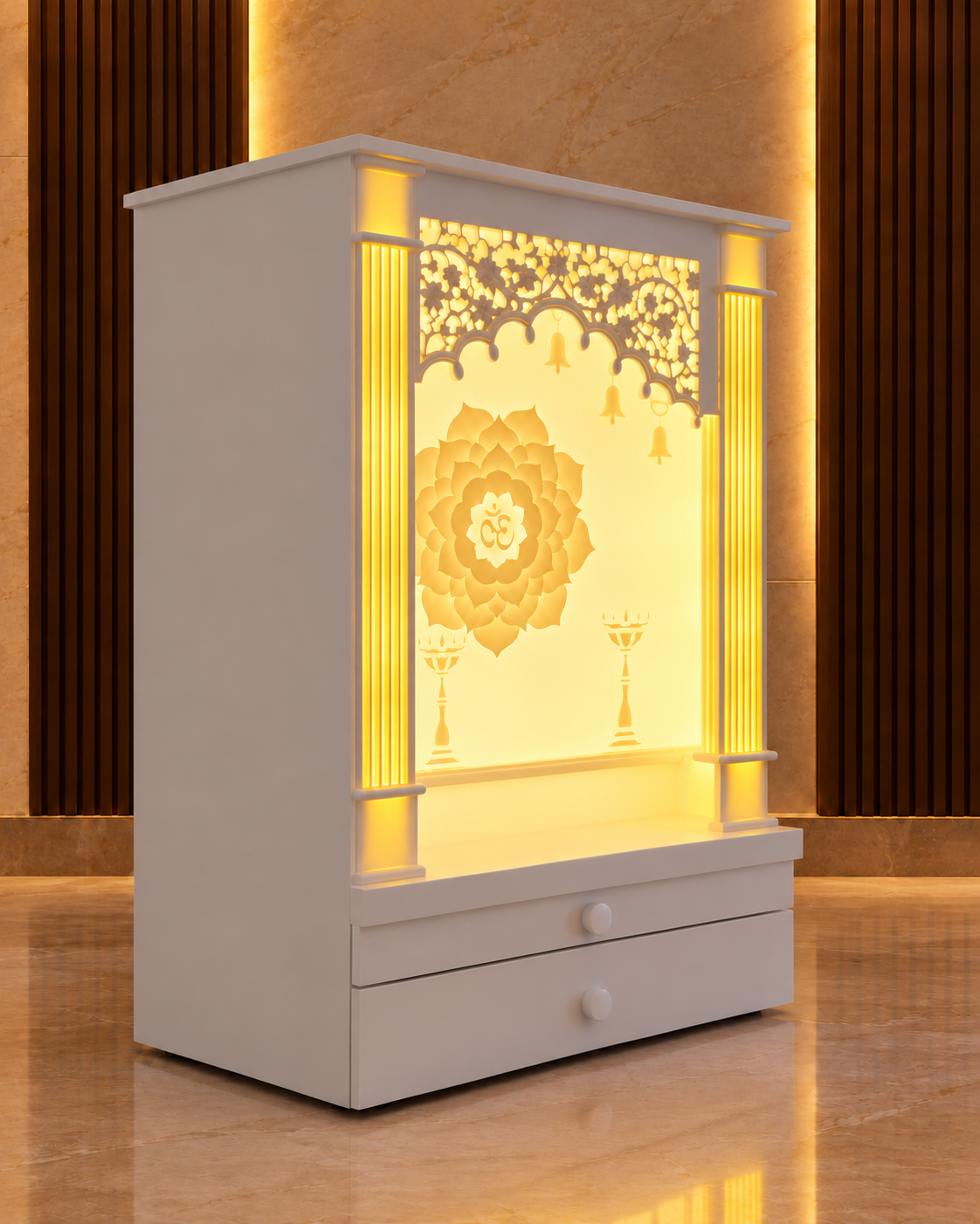 Compact custom Corian mandir in a digitally generated luxury left-side view showing two full-height illuminated front pillars and a plain side panel